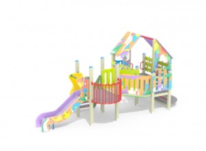 Детский игровой комплекс в виде многоцветного домика с балконом