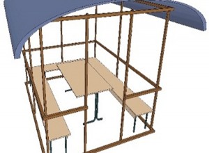 Прямоугольная беседка со столом и скамейками по периметру.