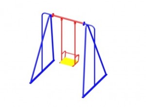 Сине-красные качели с металлическими поручнями.