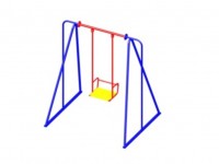 Сине-красные качели с металлическими поручнями.