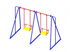 Двойные сине-красные качели с металлическими поручнями