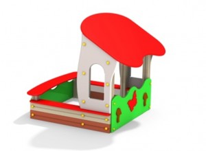 Красно-зеленая песочница со стенами и крышей