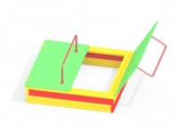 Квадратная песочница красно-желтого цвета с зеленой крышкой