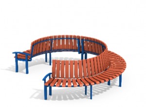 Изогнутая красно-синяя скамья со спинкой в форме неполного круга